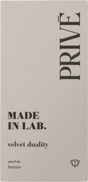 Beżowe pudełko Made in Lab. Prive Velvet Duality parfum, dla kobiet, z nutami gruszki, jaśminu, wanilii.
