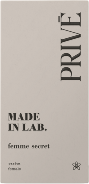 Beżowe opakowanie perfum PRIVÉ MADE IN LAB. femme secret, zapach słodko-orientalny, czarne napisy.