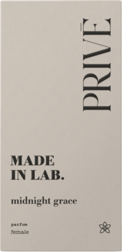 Jasne pudełko perfum MADE IN LAB. midnight grace, z napisem PRIVE pionowo po prawej, widok z przodu.