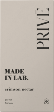 Beżowe pudełko perfum PRIVE Made In Lab. crimson nectar dla kobiet, widok z przodu, czarny tekst i logo.