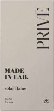 Beżowe pudełko perfum Made in Lab. Prive Solar Flame dla kobiet, z czarnym tekstem i logo, widok z przodu.