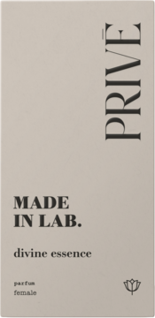 Beżowe pudełko perfum PRIVE MADE IN LAB. divine essence dla kobiet, z czarnym tekstem i kwiatowym logo. Widok z przodu.