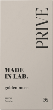 Front of a light beige Prive Made in Lab. golden muse perfume box with dark lettering, for women.
