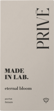 Front beżowego opakowania perfum MADE IN LAB. Prive Eternal Bloom, z czarnym napisem i logo kwiatu.
