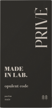 Ciemnoszare opakowanie perfum Prive Made in Lab. Opulent Code dla mężczyzn, widok z przodu, pionowy napis PRIVE, logo drzew.