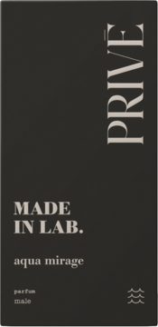 Prive Made in Lab Aqua Mirage, męski zapach cytrusowo-morski, ciemnoszare pudełko z beżowym tekstem, przód.