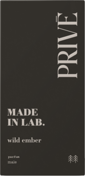Ciemnoszare opakowanie perfum MADE IN LAB. PRIVÉ wild ember dla mężczyzn, z napisem PRIVÉ pionowo.