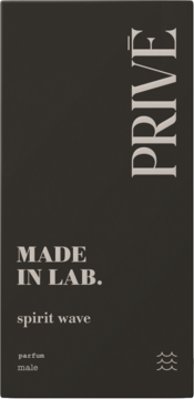 Ciemnoszare opakowanie perfum męskich MADE IN LAB. PRIVE spirit wave o świeżym zapachu, widok z przodu.