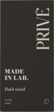 Prive Made in Lab Fluid Mind męska woda perfumowana, ciemnoszary matowy kartonik z jasnymi napisami, widok z przodu.