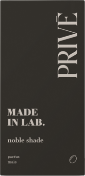 Opakowanie męskich perfum Prive Made in Lab. "noble shade", ciemnoszare z jasnym napisem, widok z przodu.