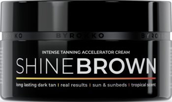 Czarny słoik ByRokko Shine Brown, intensywny przyspieszacz opalania, widok z przodu, z białym napisem.