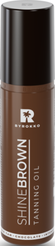 Brązowa butelka BYROKKO Shinebrown Chocolate Tanning Oil z czarną nakrętką, widok z przodu.