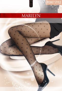 Marilyn: klasyczne rajstopy w czarne kropki, na nogach z czarnymi szpilkami na tle z jasnymi refleksami.