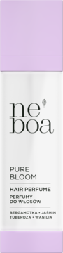Biała butelka Neboa Pure Bloom Hair Perfume, lawendowe akcenty. Widok z przodu. Nuty bergamotki i jaśminu.