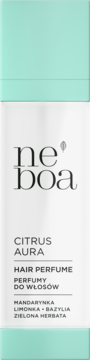Neboa Citrus Aura Hair Perfume w biało-miętowej butelce, z mandarynką, limonką i bazylią, widok z przodu.