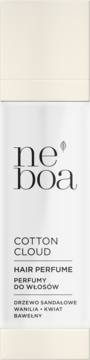 Neboa Cotton Cloud perfumy do włosów o zapachu wanilii i drzewa sandałowego, kremowa butelka, z przodu.