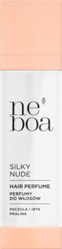 Neboa Silky Nude Hair Perfume Paczula Irys Pralina, biało-brzoskwiniowy flakon z etykietą, widok z przodu.