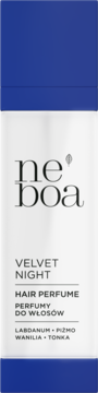 Neboa Velvet Night Hair Perfume w biało-niebieskiej butelce, widok z przodu. Nuty zapachowe: Labdanum, Piżmo, Wanilia, Tonka.