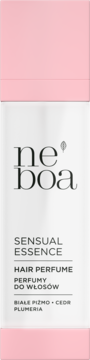 Neboa Sensual Essence perfumy do włosów, białe piżmo, cedr, plumeria. Biała butelka z różowymi końcówkami.