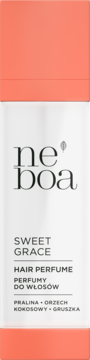 Neboa Sweet Grace hair perfume w biało-koralowej butelce, widok z przodu. Słodki zapach praliny, orzecha kokosowego i gruszki.