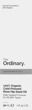 The Ordinary 100% Organic Cold-Pressed Rose Hip Seed Oil 30ml, etykieta z czarnym tekstem na jasnym tle.