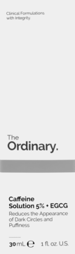 The Ordinary Caffeine Solution 5% + EGCG serum, widok z przodu opakowania 30ml, redukuje cienie i opuchnięcia.