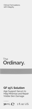 The Ordinary GF 15% Solution Age Support Serum, 30ml, front of light grey box, minimizes and repairs visible skin damage.