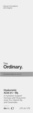 Etykieta The Ordinary Hyaluronic Acid 2% + B5, 60ml, z opisem nawilżającym, widok z przodu na białym tle.