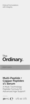 Frontowe ujęcie serum The Ordinary Multi-Peptide + Copper Peptides 1% z białej etykiety z czarnym tekstem.
