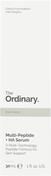 Białe opakowanie The Ordinary Multi-Peptide + HA Serum 30ml, z opisem 'Clinical Formulations', widok z przodu.
