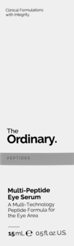 Opakowanie The Ordinary Multi-Peptide Eye Serum, białe, z napisem The Ordinary i szarym paskiem Peptides, 15ml.