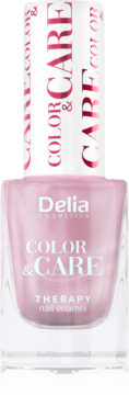 Delia Cosmetics Color & Care Therapy jasnoróżowy lakier do paznokci w szklanej butelce, widok z przodu.