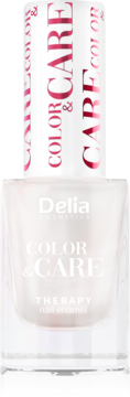 Delia Color & Care Therapy Nail Enamel w przezroczystej butelce z mlecznym lakierem, biała nakrętka z różowym napisem, widok z przodu.