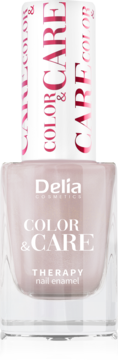Jasnoróżowy lakier Delia Color & Care Therapy nail enamel w szklanej butelce z białą nakrętką, widok z przodu.