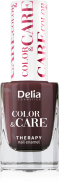 Ciemnobrązowy lakier Delia Color & Care Therapy w szklanej butelce z białą nakrętką, widok z przodu.