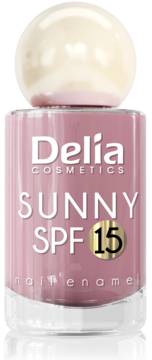 Różowy lakier do paznokci Delia Cosmetics Sunny SPF 15 z ochroną UV. Widok z przodu butelki z perłową zakrętką.