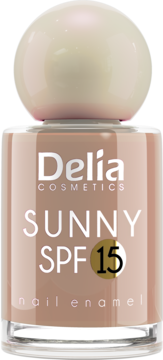 Delia Cosmetics Sunny SPF 15 beżowy lakier do paznokci w butelce, widok z przodu, okrągła nakrętka.