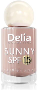 Lakier do paznokci Delia Cosmetics Sunny SPF 15 w odcieniu nude, z okrągłą nakrętką, widok z przodu.