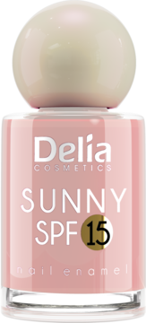 Różowy lakier Delia Cosmetics Sunny SPF 15 w butelce w paski z jasną nakrętką, widok z przodu.