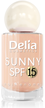 Delia Cosmetics Sunny lakier do paznokci SPF 15, delikatny brzoskwiniowy, butelka z białym korkiem, z przodu.