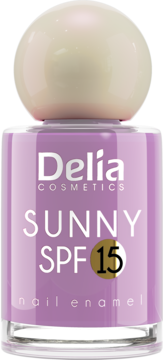 Delia Cosmetics SUNNY SPF 15, lawendowy lakier do paznokci, szklana butelka z kremową zakrętką, widok z przodu.