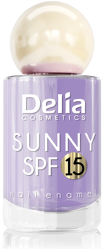 Fioletowy lakier do paznokci Delia Cosmetics Sunny SPF 15, w szklanej butelce, z perłową nakrętką.