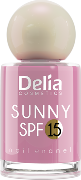 Delia Cosmetics różowy lakier do paznokci Sunny SPF 15, widok z przodu, z jasną, okrągłą nakrętką.