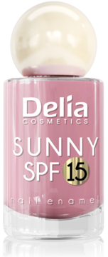 Delia Cosmetics Sunny SPF 15, różowy lakier do paznokci w butelce z kremową nakrętką, widok z przodu.