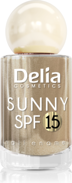 Złoty, lśniący lakier do paznokci Delia Cosmetics Sunny SPF 15 w szklanej butelce z perłową nakrętką, widok z przodu.