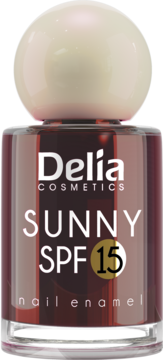 Lakier do paznokci Delia Sunny SPF 15, odcień burgund, w butelce z jasną nakrętką, widok frontalny.