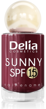 Lakier Delia Cosmetics Sunny SPF 15 w bordowej butelce z kremową, perłową nakrętką, widok z przodu.