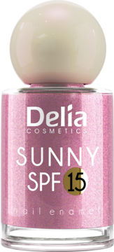 Różowy lakier Delia Cosmetics Sunny SPF 15 w szklanej butelce, kremowa zakrętka, widok z przodu.