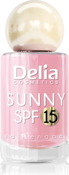 Delia Cosmetics Sunny SPF 15 różowy lakier do paznokci w butelce z perłową nakrętką, widok z przodu.
