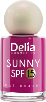 Delia Cosmetics Sunny SPF 15 nail enamel, fuksjowy lakier do paznokci w szklanej butelce, widok z przodu.